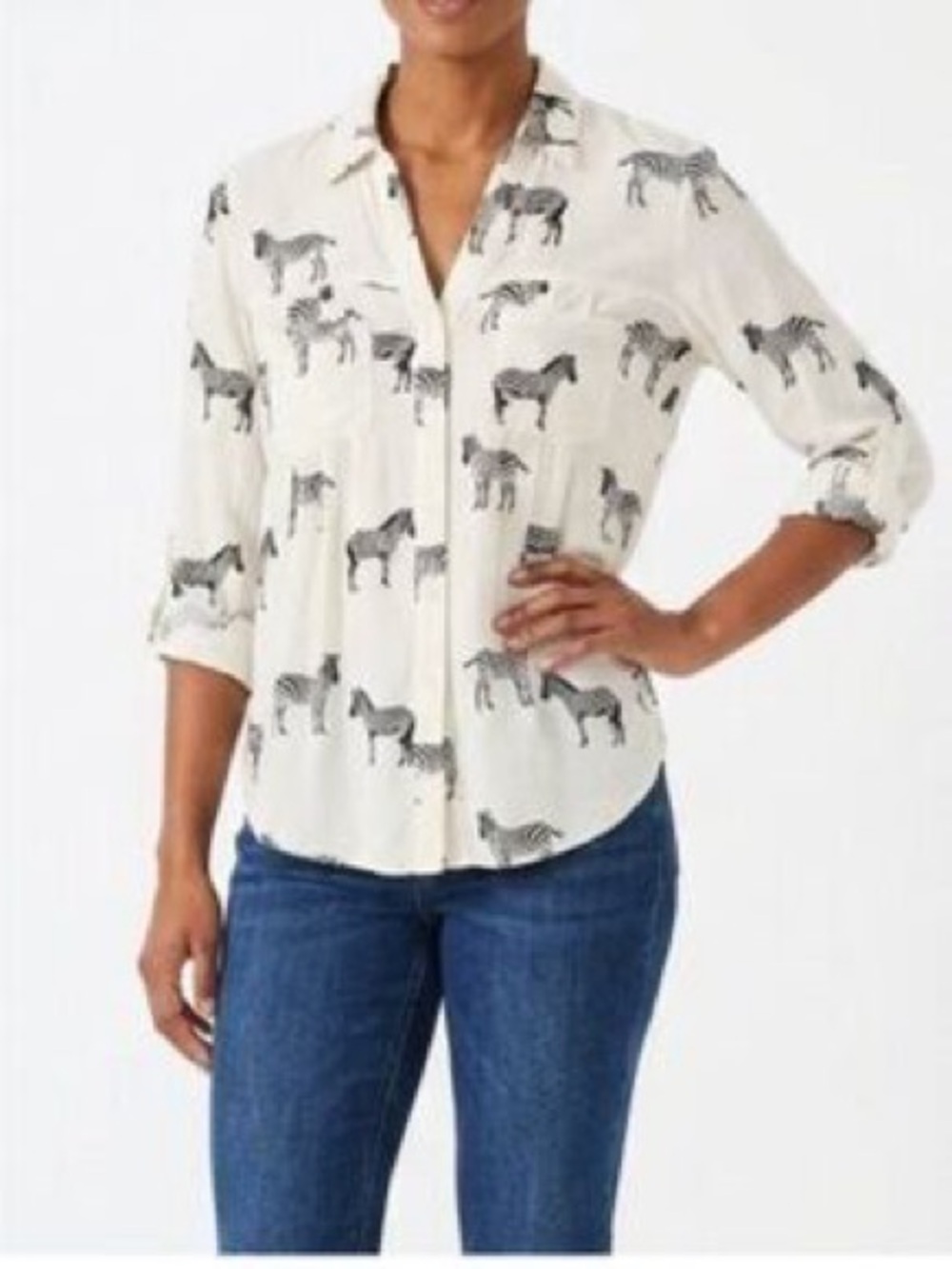 Meave Womens Zebra Print Button-Front Shirt - ivory